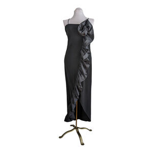 Vintage Slip Dress 80s 90s Ruffle Maxi Gown Sleeveless Long Goth Black USA 8